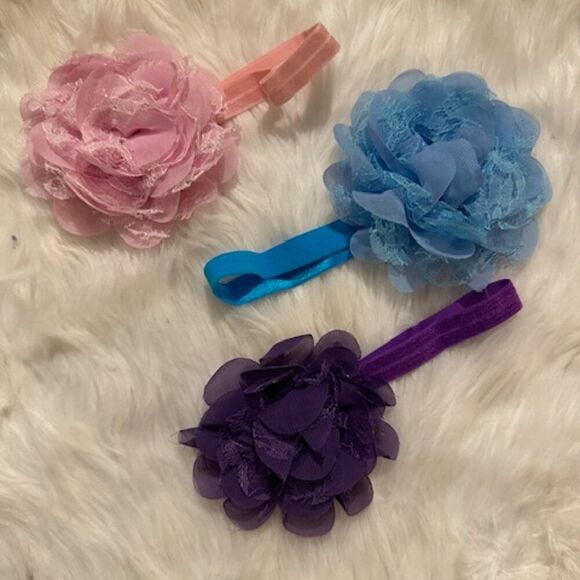 Hand Crafted Other - Bundle of (3) 4" Chiffon & Lace 4" Flower on FOE Headband HB8255 Handmade NWT